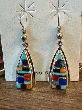Navajo-style sterling silver multi-stone inlay teardrop earrings